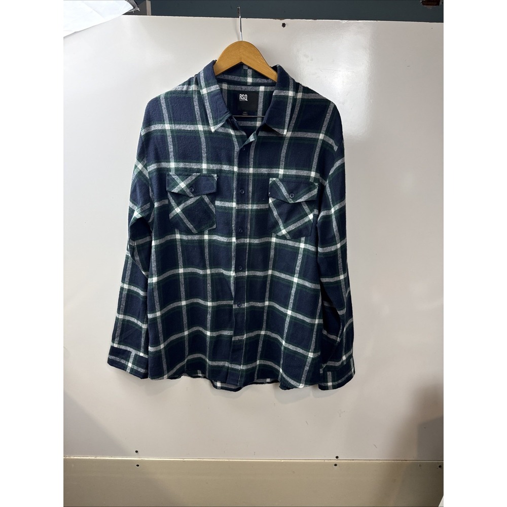 RSQ Mens XXL Flannel Blue Green Plaid Long Sleeve Shirt Button Up Pockets